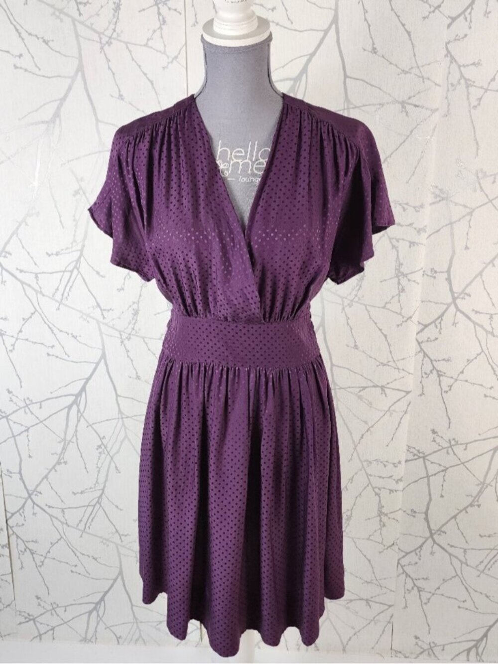 Jacob Purple Polkadot 100% Silk Babydoll Midi Swing Dress